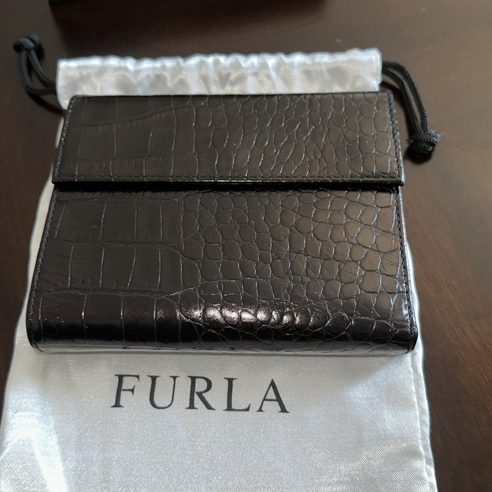 FURLA Embossed Black Leather Trifold Wallet EUC